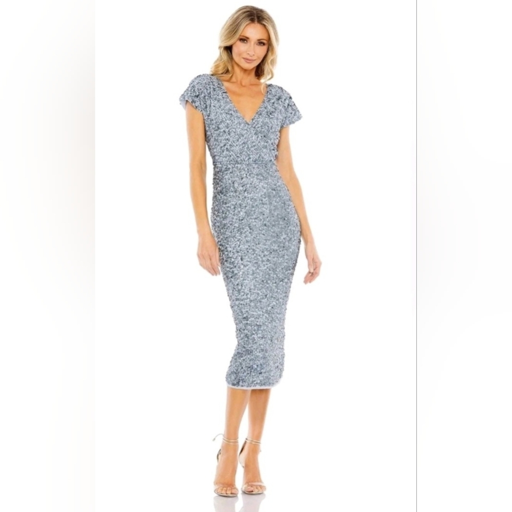 Mac DUGGAL Sequined Cap Sleeve Wrap Over Cocktail Dress Slate Blue 10766 Size 8